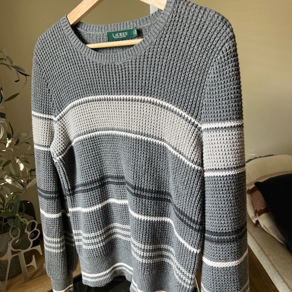 Lauren Ralph Lauren Women’s Gray Striped Cotton Sweater - Size L - Picture 2 of 9